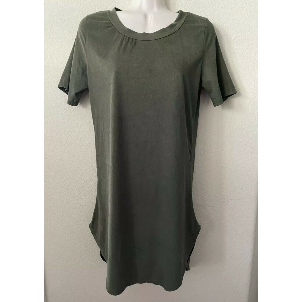 Cemi Ceri Olive Green Short Sleeve Faux Suede Curve Hem Tee T Shirt Dress Size M